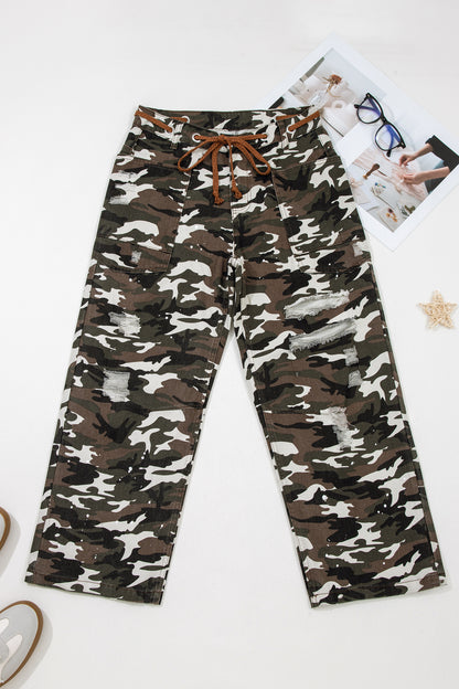 Green Camouflage Print Splashed Distressed Loose Denim Pants