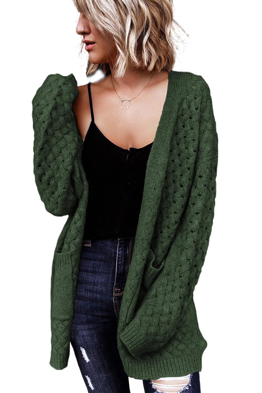 Green Open Front Woven Texture Knitted Cardigan with Pockets - L & M Kee, LLC