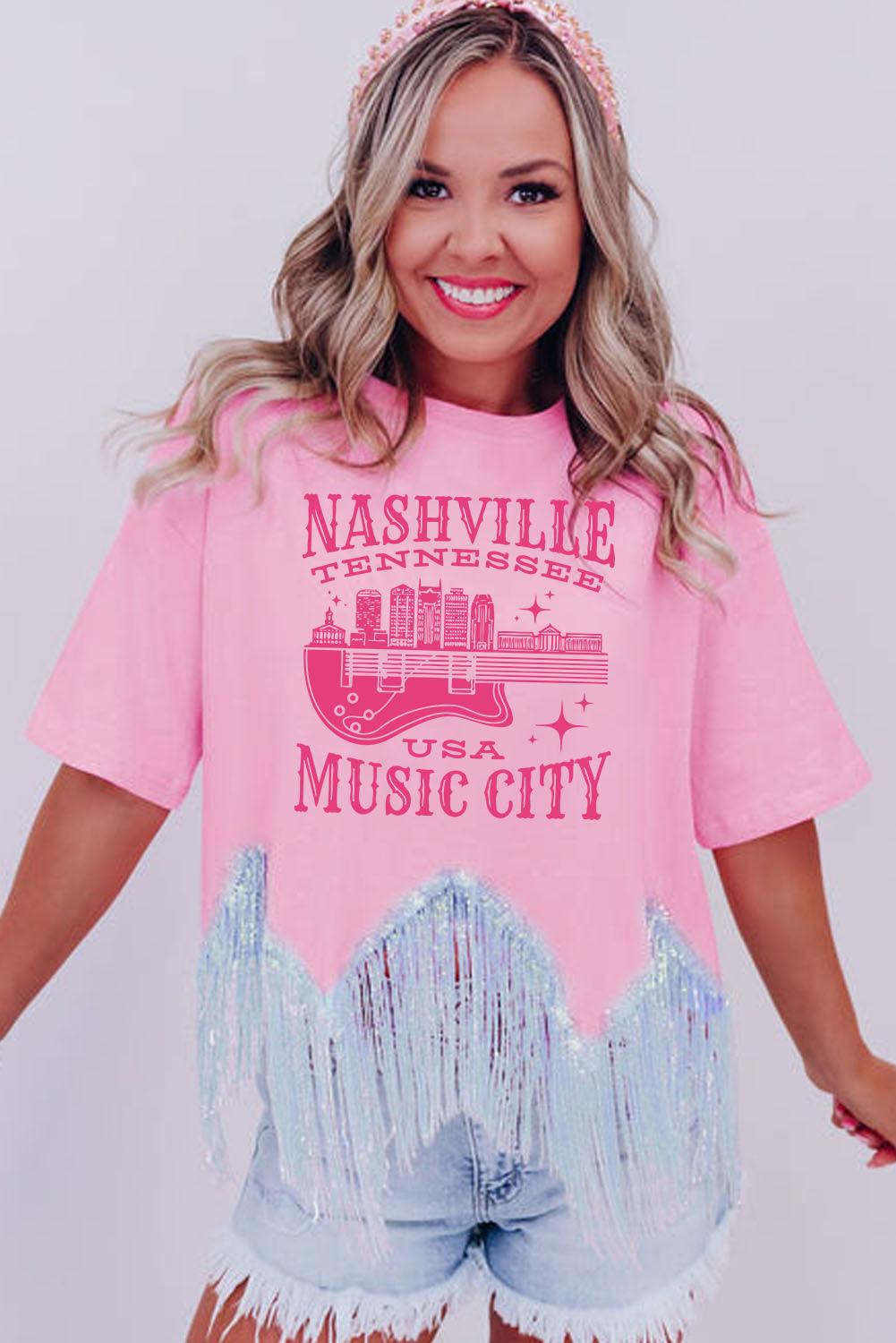 Pink NASHVILE MUSIC CITY Graphic Sequin Fringed Hem Tee - L & M Kee, LLC