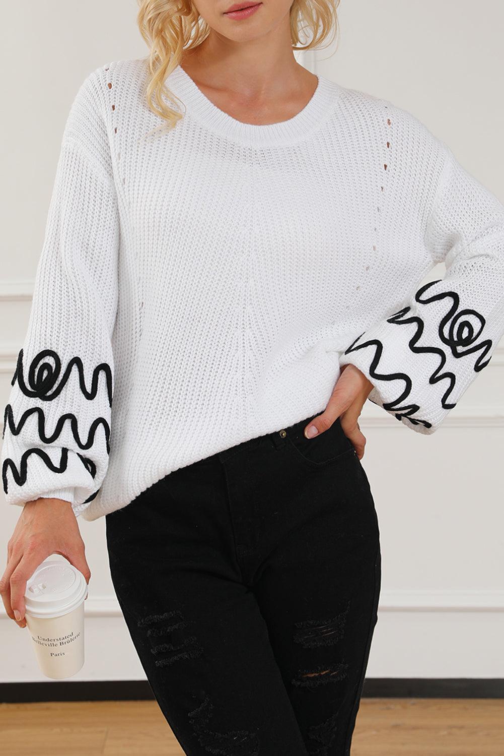 White Abstract Crochet Bubble Sleeve Loose Sweater - L & M Kee, LLC