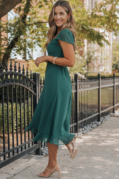 Sea Green Shirred Open Back Sweetheart Neck Ruffled Midi Dress - L & M Kee, LLC