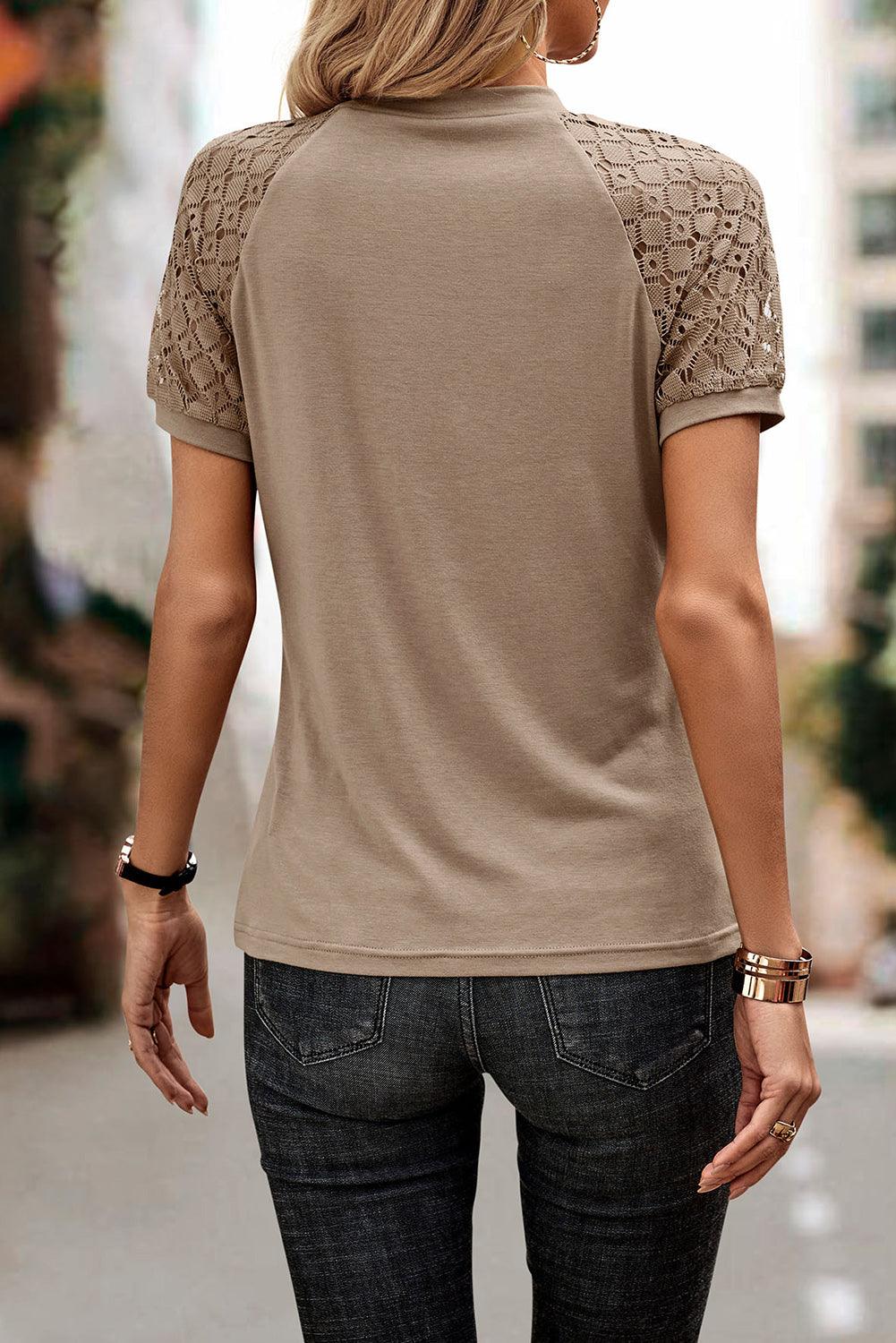 Pale Khaki Seamed Detail Contrast Lace Raglan Sleeve Tee - L & M Kee, LLC