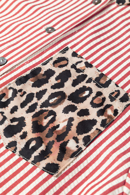 Racing Red Striped Leopard Print Patchwork Button Up Womens Shirt