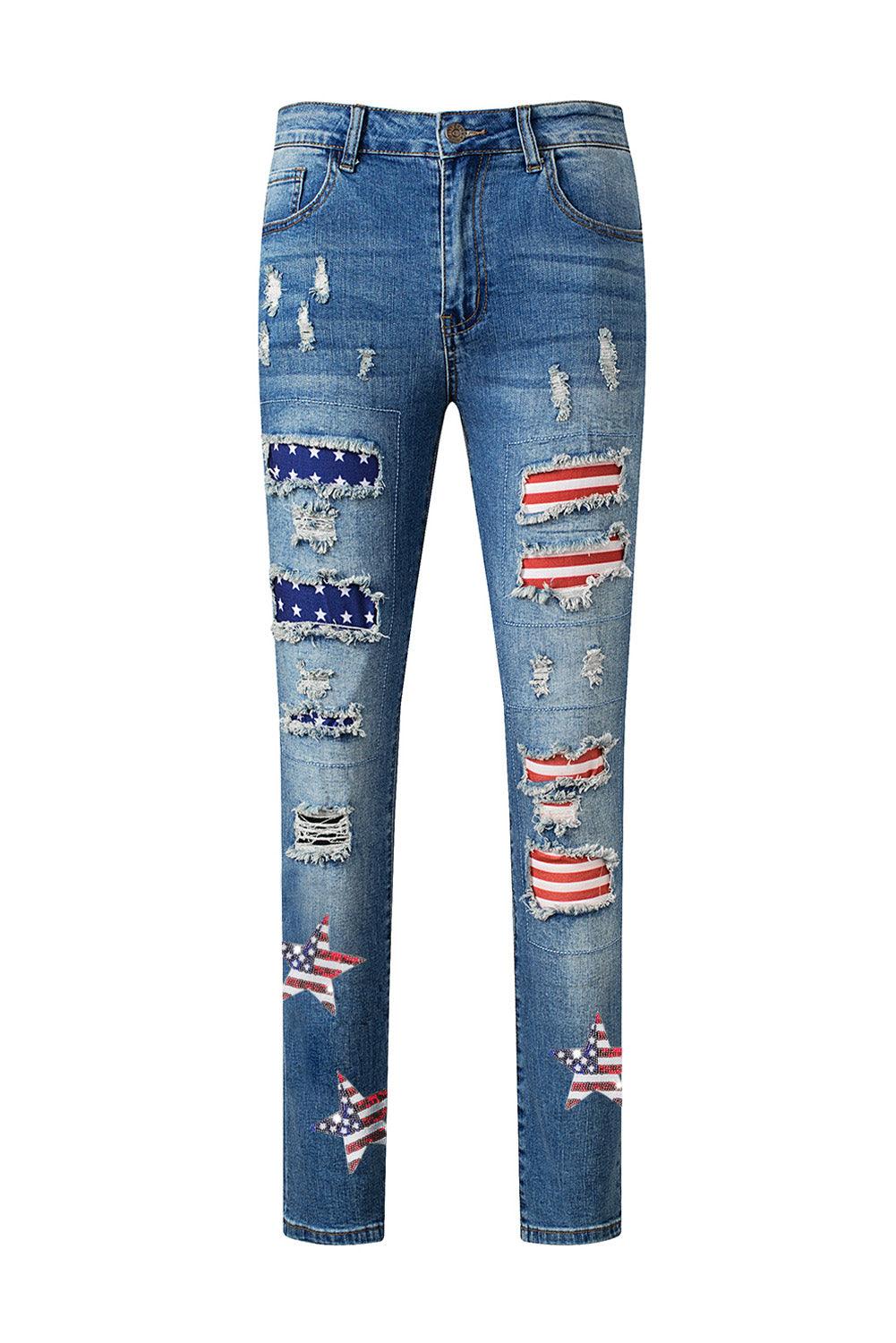 Sky Blue Sequin American Flag Star Graphic Distressed Straight Jeans