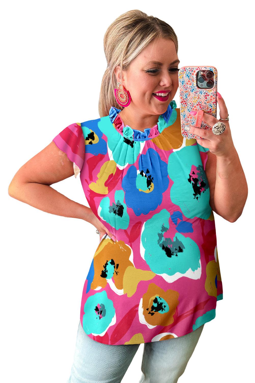 Red Plus Size Watercolor Floral Print Frill Neck Blouse - L & M Kee, LLC