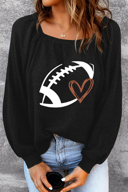 Black Rugby Print Square Neck Puff Sleeve Waffle Top - L & M Kee, LLC