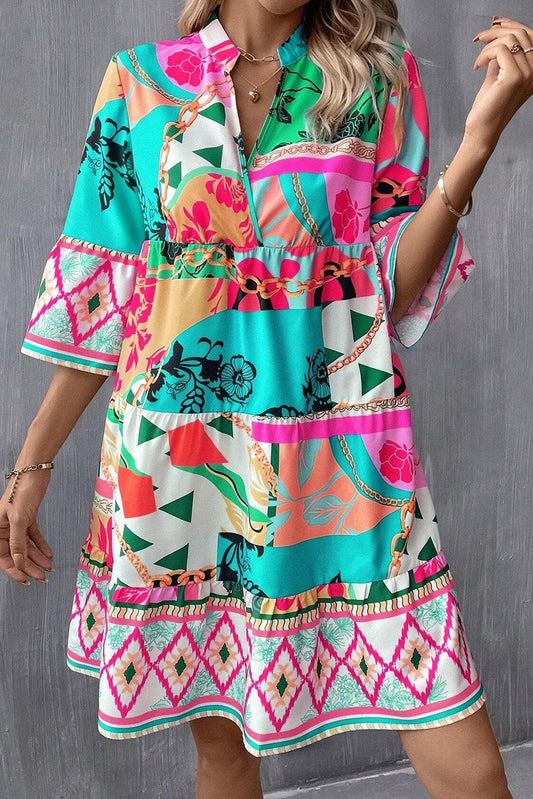 Multicolour Abstract Printed Half Sleeve Notched Neck Mini Dress - L & M Kee, LLC