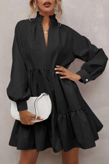 Black Frilled Stand Collar Long Sleeve Ruffle Dress - L & M Kee, LLC