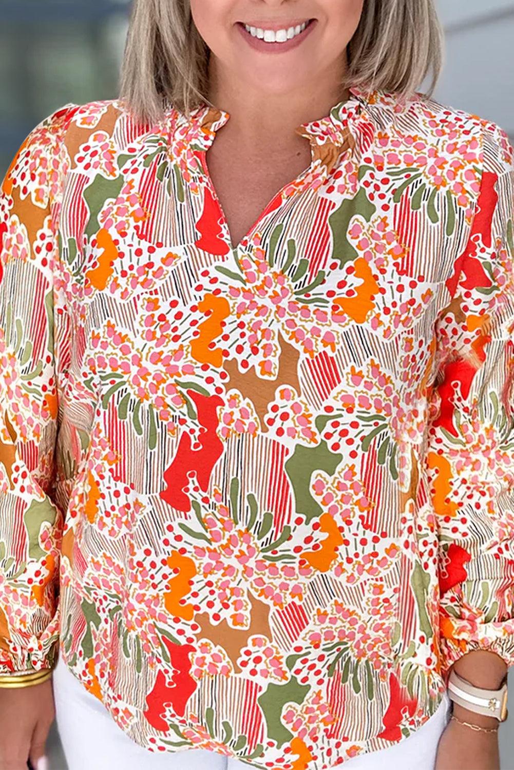 Orange Printed Floral Abstract Print Frilled V Neck Plus Size Blouse - L & M Kee, LLC