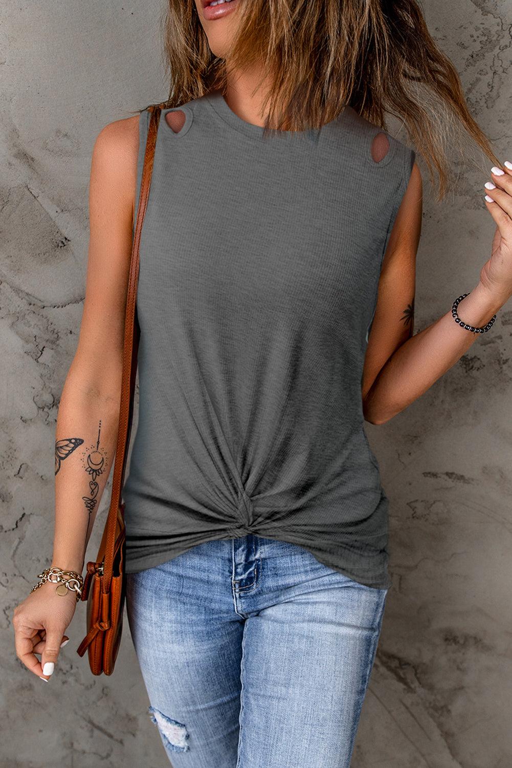 Rib Knit Cut-out Front Twist Tank Top - L & M Kee, LLC