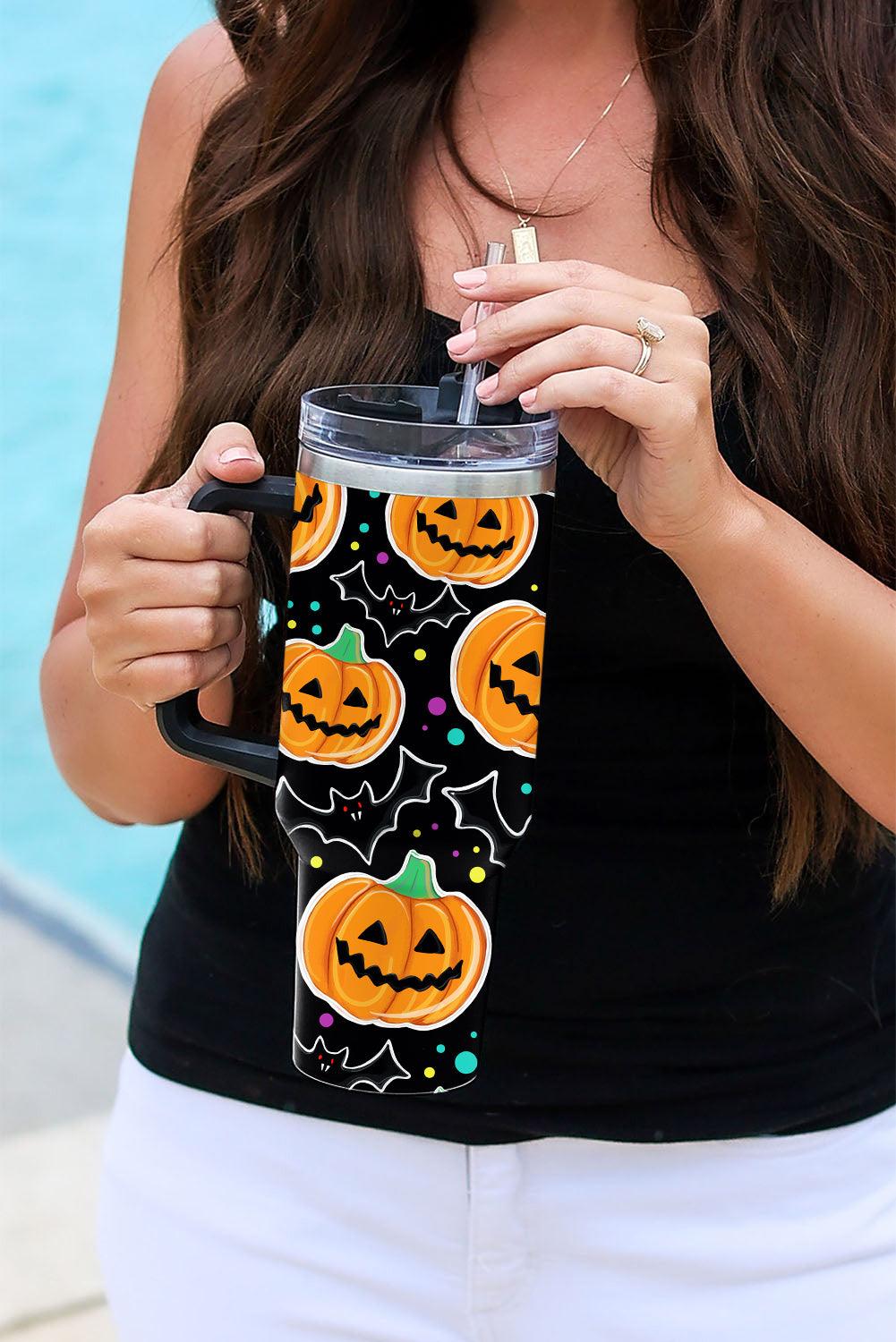 Black Halloween Pumpkin Bat Printed Tumbler with Straw - L & M Kee, LLC