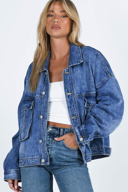 Blue Chest Pockets Drop Shoulder Loose Denim Jacket - L & M Kee, LLC