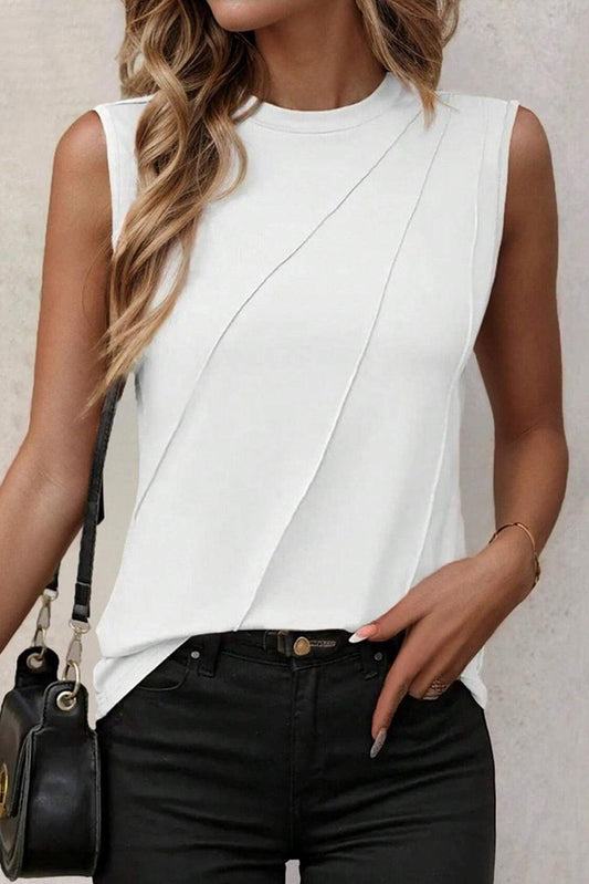 White Crew Neck Pleated Tank Top - L & M Kee, LLC