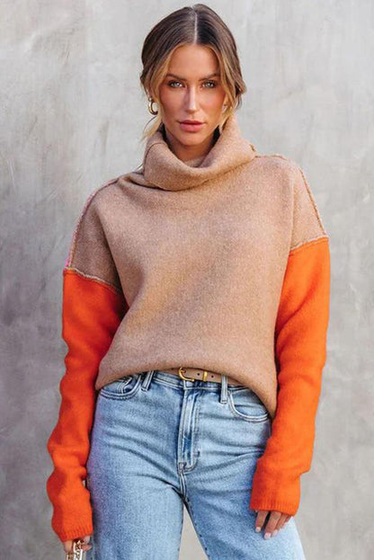 Khaki Color Block Turtle Neck Drop Shoulder Knit Sweater - L & M Kee, LLC