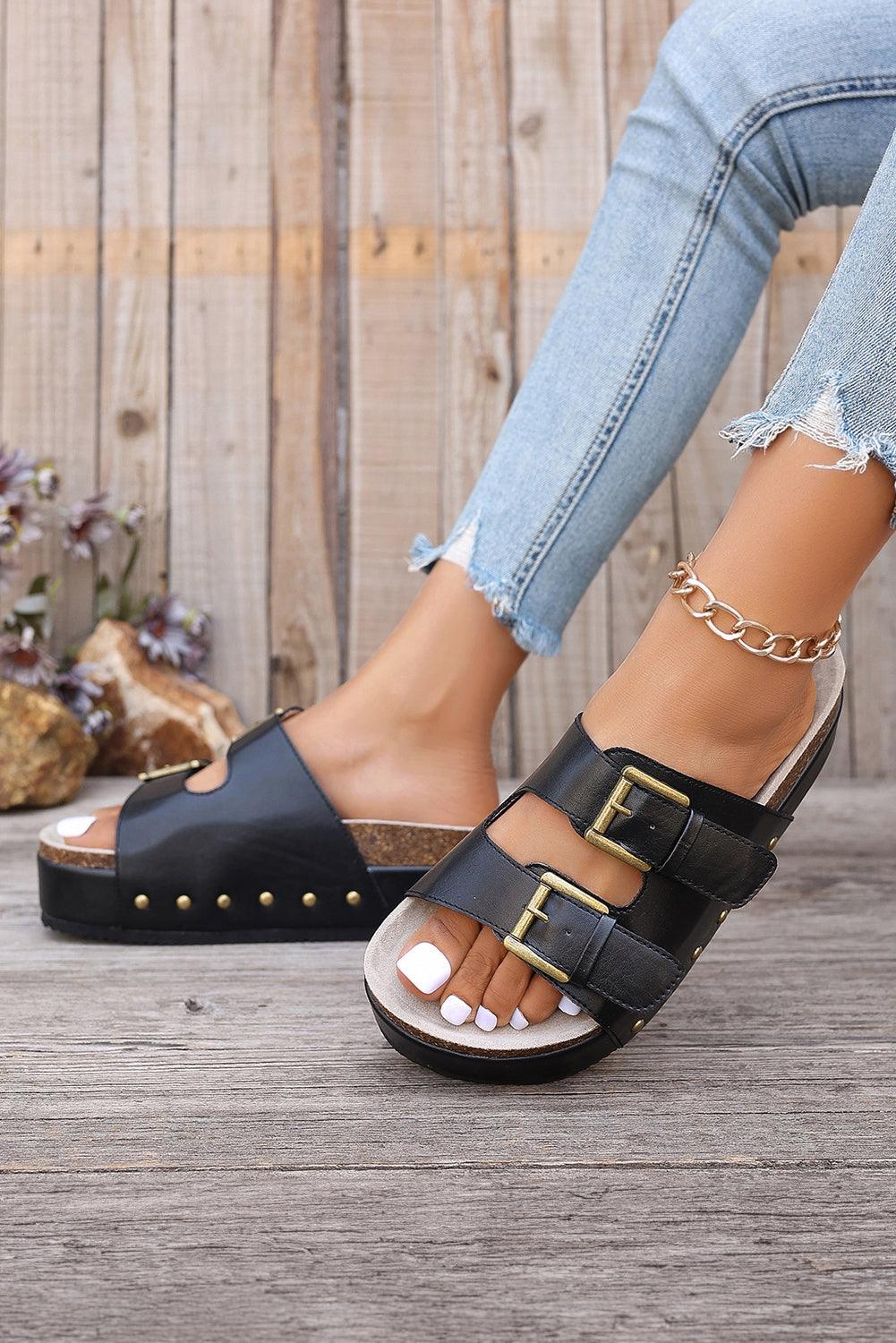 Black Dual Buckle Studded Platform Sandal Slippers - L & M Kee, LLC