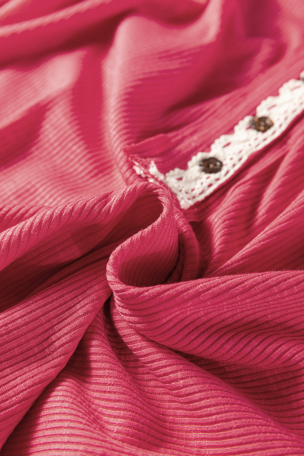 Racing Red Ribbed Texture Contrasted Lace Trim Button V Neck Long Sleeve Top