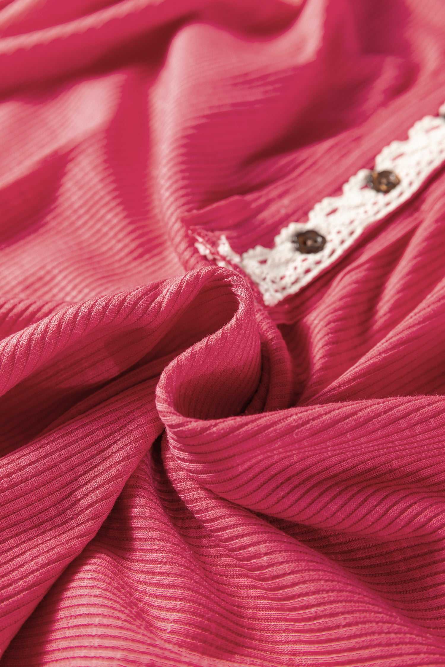 Racing Red Ribbed Texture Contrasted Lace Trim Button V Neck Long Sleeve Top