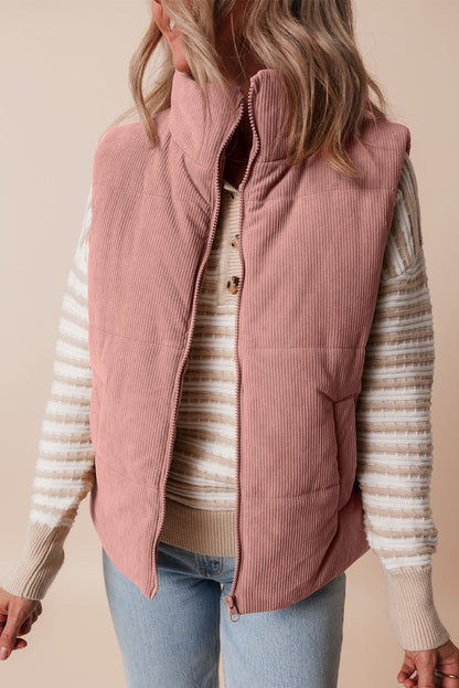 Apricot Pink Corduroy Stand Neck Zipped Puffer Vest