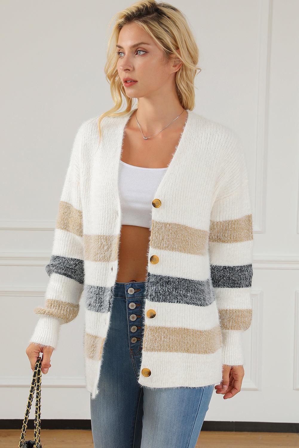 Multicolor Striped Print Fuzzy Cardigan - L & M Kee, LLC