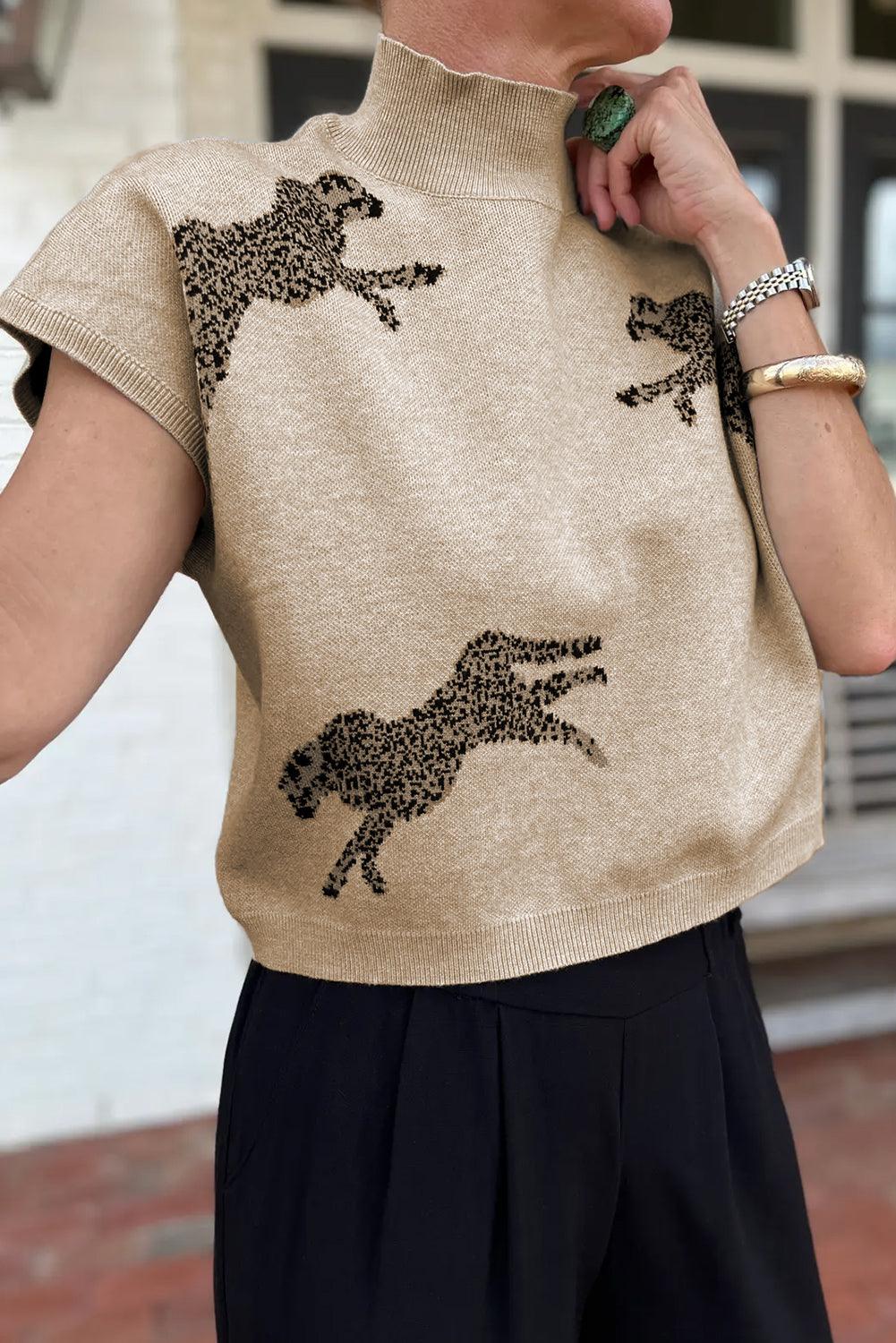 Black Lively Cheetah Pattern High Neck Short Sleeve Sweater - L & M Kee, LLC