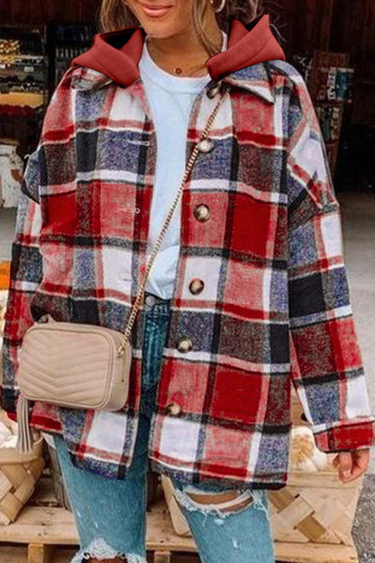 Red Hooded Plaid Button Front Shacket - L & M Kee, LLC