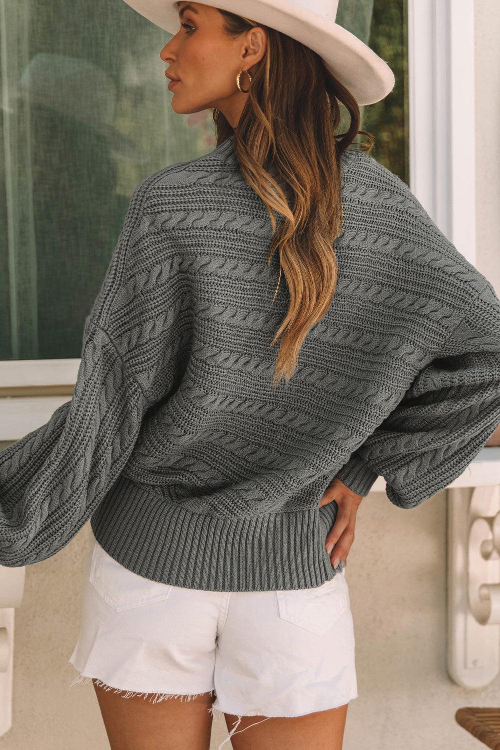 Gray Mock Neck Lantern Sleeve Cable Knit Sweater - L & M Kee, LLC