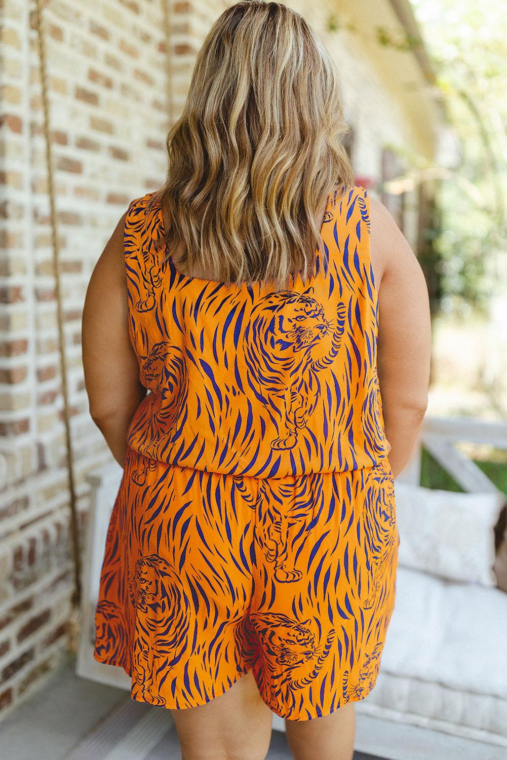 Yellow Plus Size Tiger Print Sleeveless V Neck Romper - L & M Kee, LLC