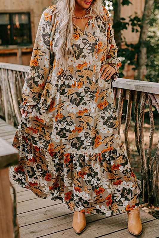 Multicolour Boho Flower Print Maxi Plus Size Dress - L & M Kee, LLC