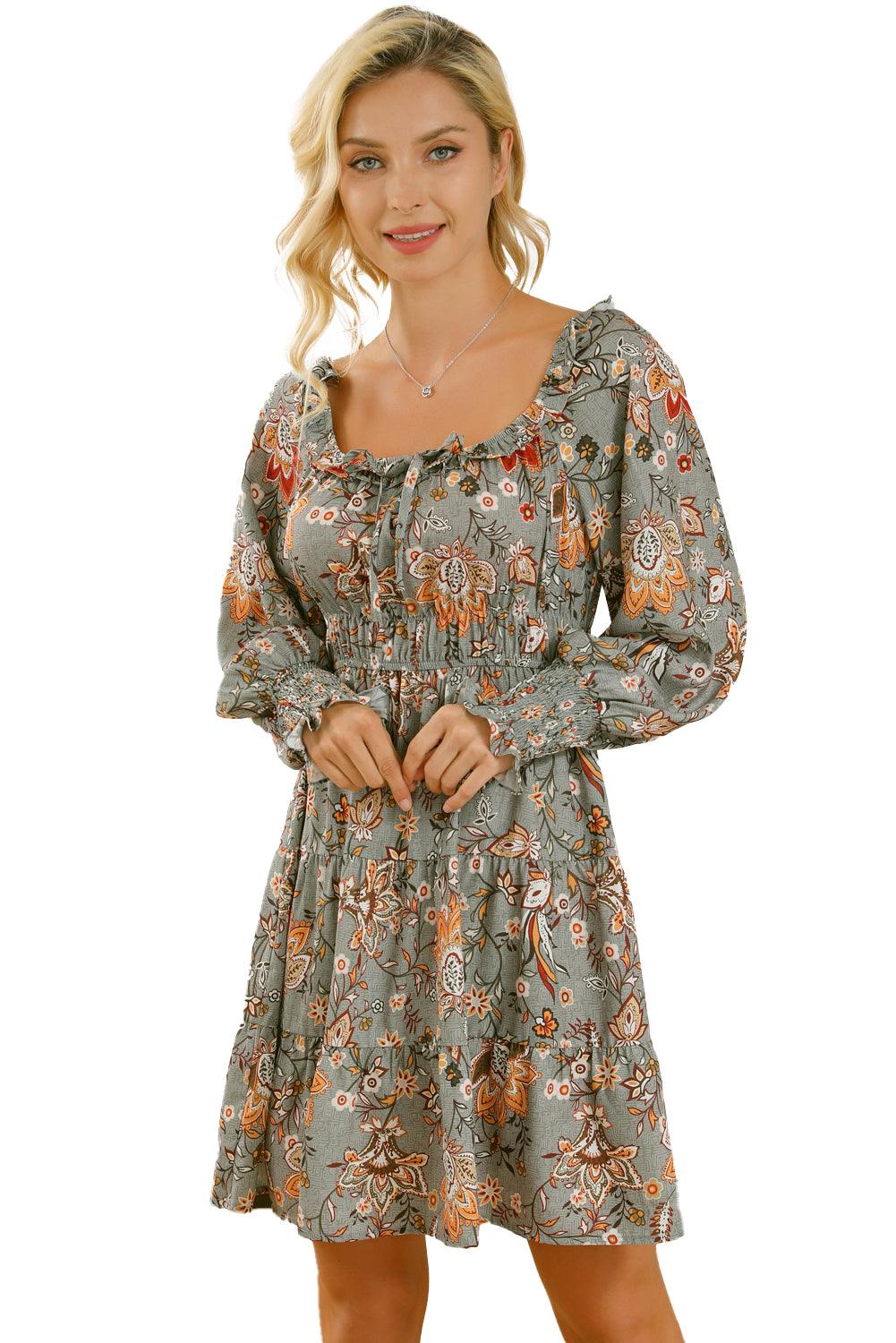 Multicolour Floral Long Sleeve Frilled U-Neck Ruffled Dress - L & M Kee, LLC