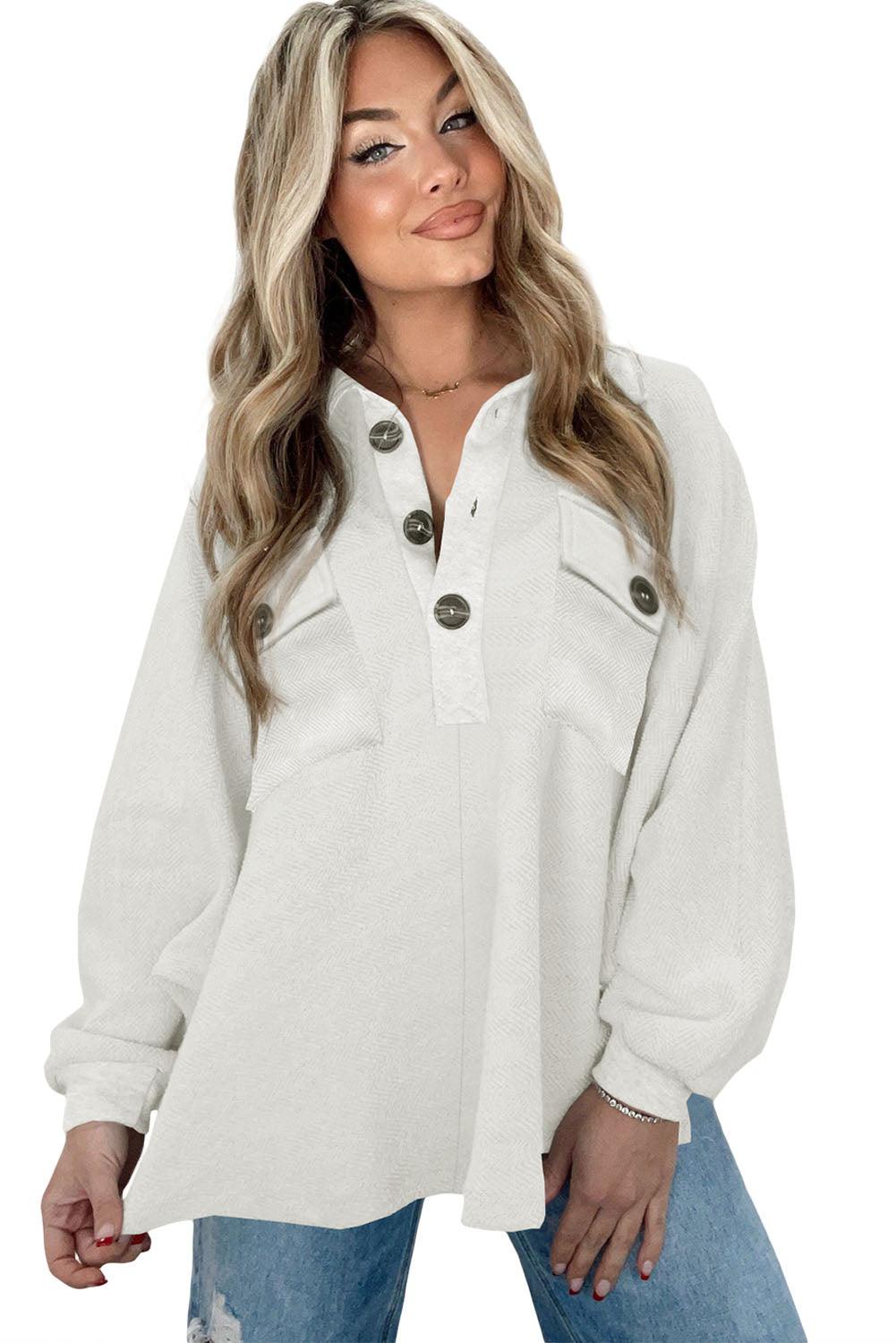 White Oversized Flap Pockets Button Collared Sweatshirt - L & M Kee, LLC