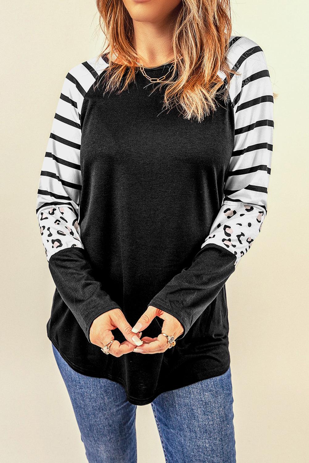 Black Striped Animal Print Colorblock Long Sleeve Top - L & M Kee, LLC