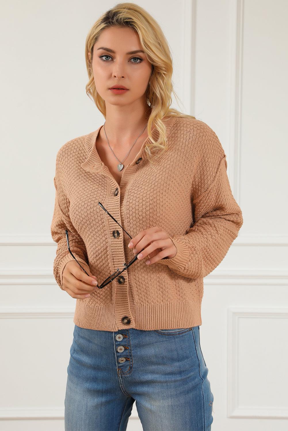 Khaki Button Front Drop Shoulder Knitted Cardigan - L & M Kee, LLC