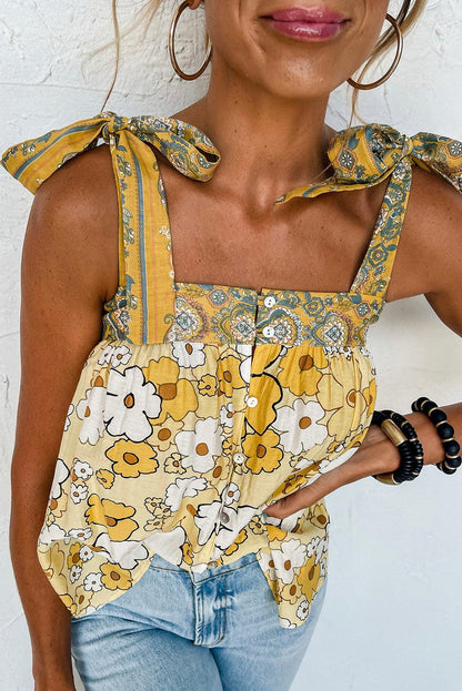 Yellow Floral Patchwork Tied Straps Buttoned Tank Top - L & M Kee, LLC