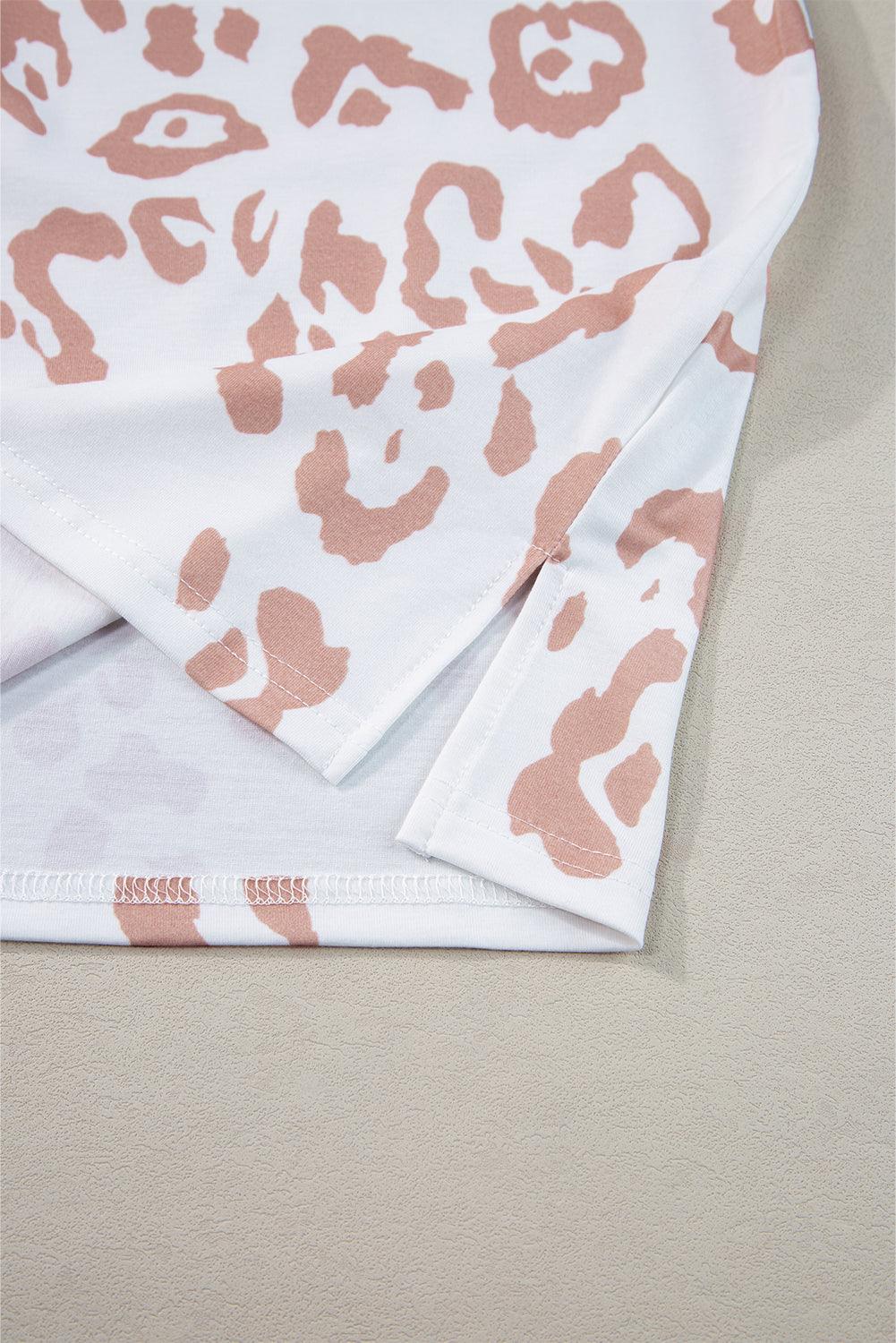 White Plus Size Leopard Print V Neck Short Sleeve Top - L & M Kee, LLC