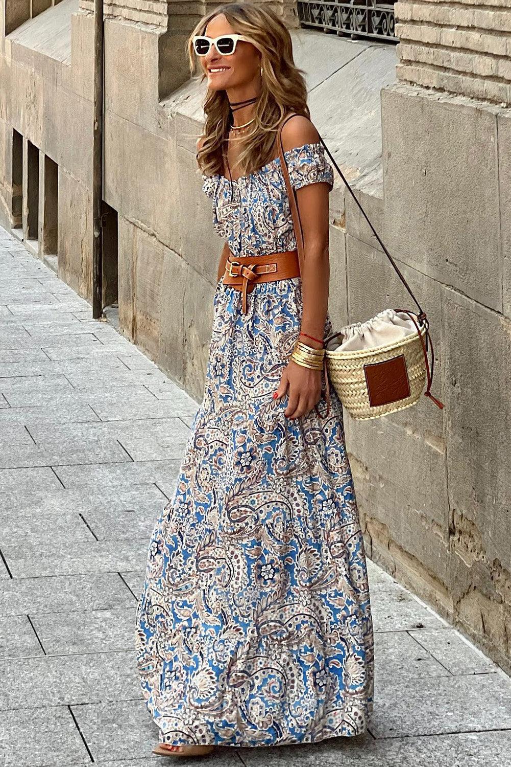 Blue Boho Paisley Print Off Shoulder Maxi Dress - L & M Kee, LLC