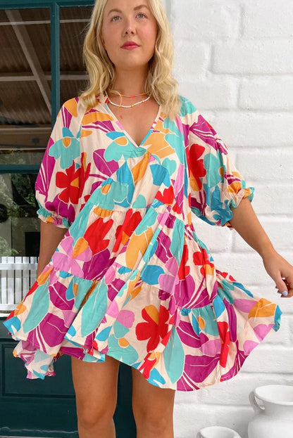 Multicolour Floral Tiered V Neck Plus Dress - L & M Kee, LLC