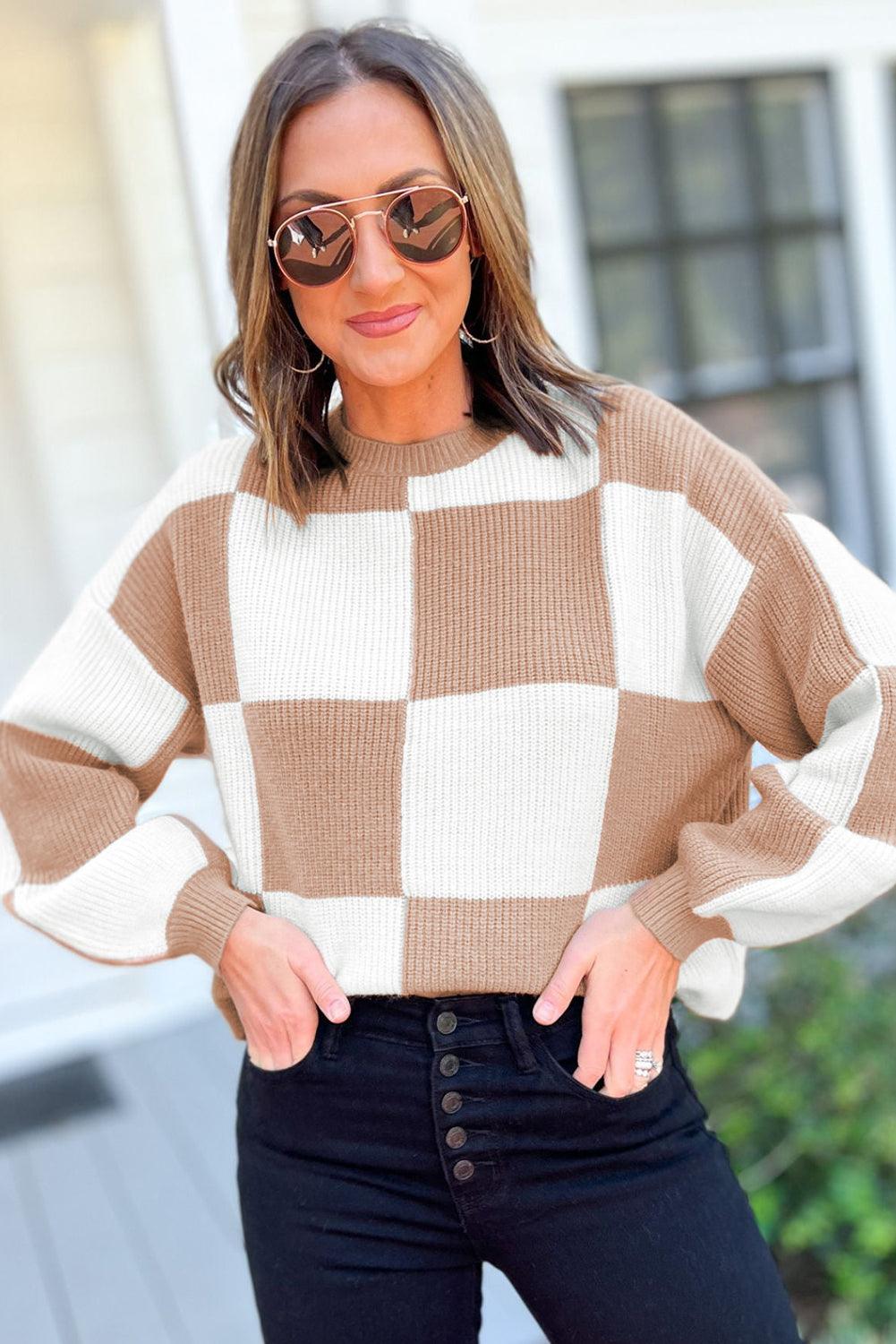 Checkered Ribbed Knit Puff Sleeve Sweater - L & M Kee, LLC