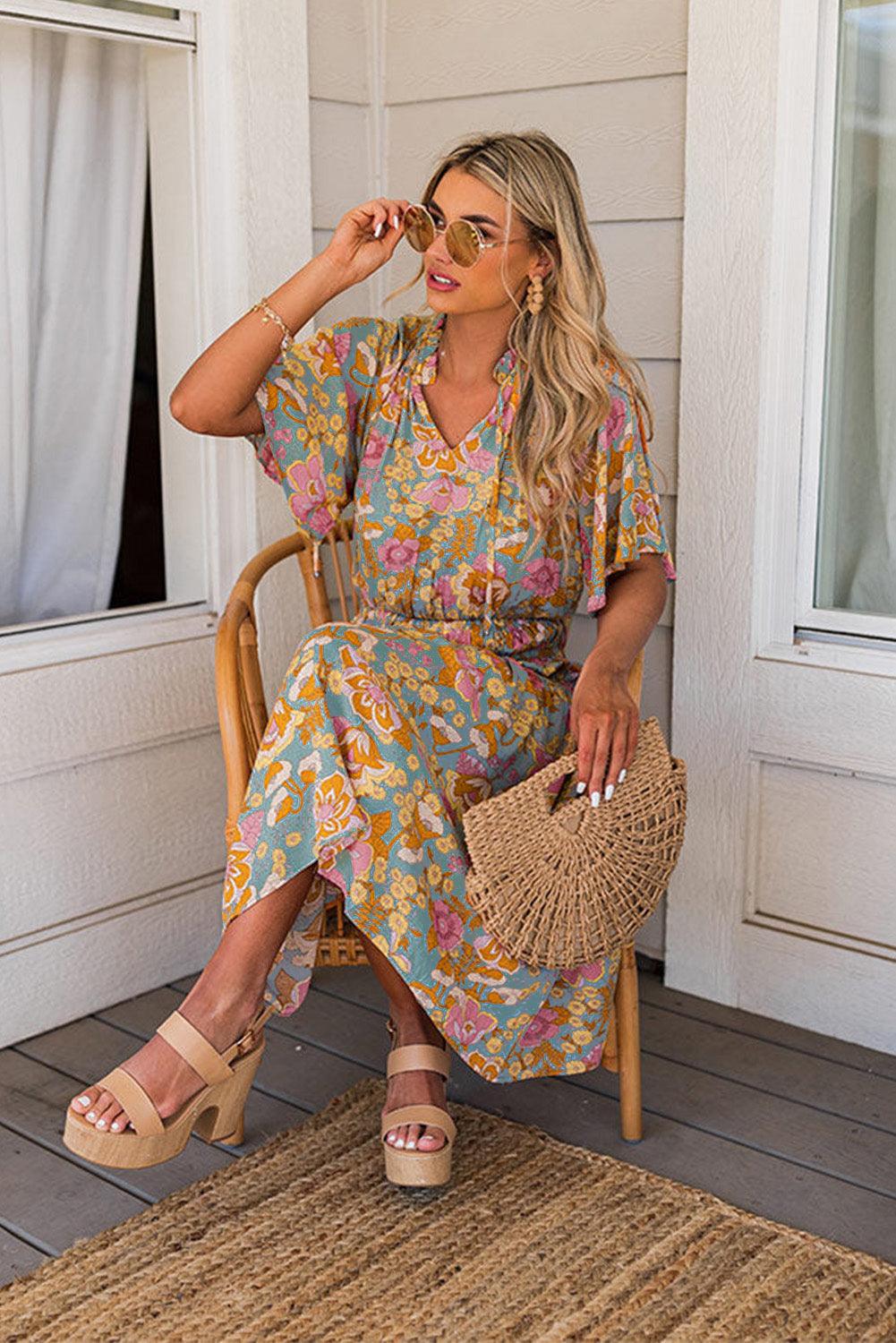 Boho Wide Sleeve Smocked Waist Floral Dress - L & M Kee, LLC