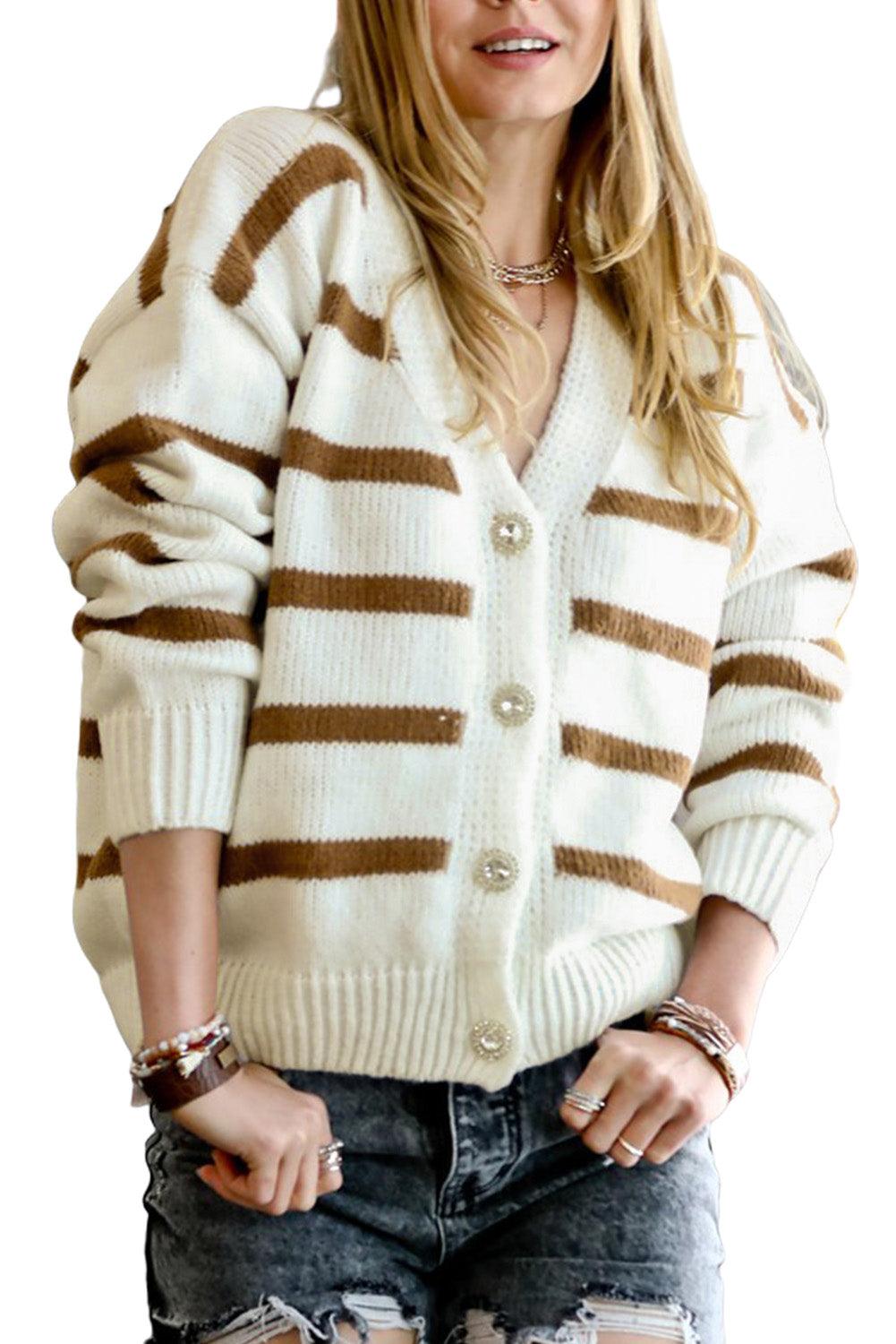 White Striped Knit V Neck Sweater Cardigan - L & M Kee, LLC