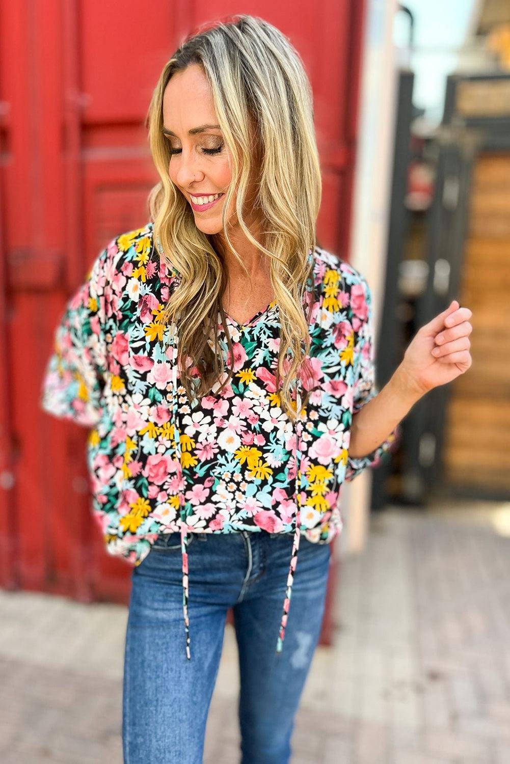 Multicolor Floral Notched V-Neck Puff Sleeve Blouse - L & M Kee, LLC