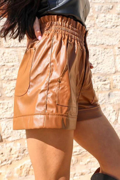 Brown Patch Pockets Faux Leather High Rise Shorts - L & M Kee, LLC