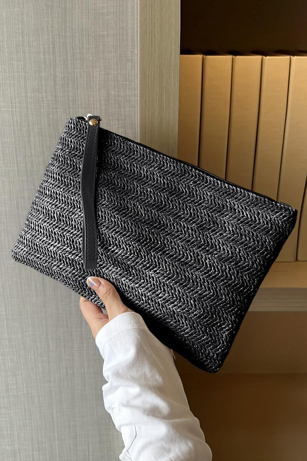 Black Straw Woven Wrist Strap Zipper Large Wallet - L & M Kee, LLC