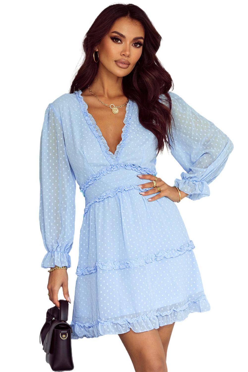 Sky Blue Layered Ruffled Open Back Puff Sleeve Swiss Dot Mini Dress - L & M Kee, LLC