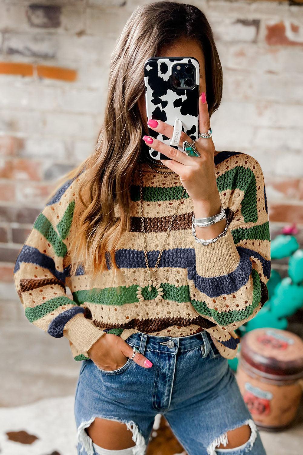 Multicolor Striped Hollowed Knitted Loose Sweater - L & M Kee, LLC