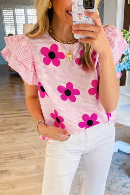 Pink Pinstripe Floral Print Ruffled Flutter Sleeve Blouse - L & M Kee, LLC