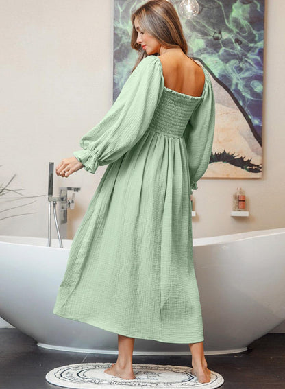 Green Smoked Flounce Sleeve Textured Empire Waist Dress - L & M Kee, LLC
