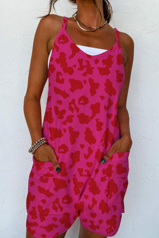 Rose Red Leopard Pocketed V Neck Sleeveless Romper - L & M Kee, LLC