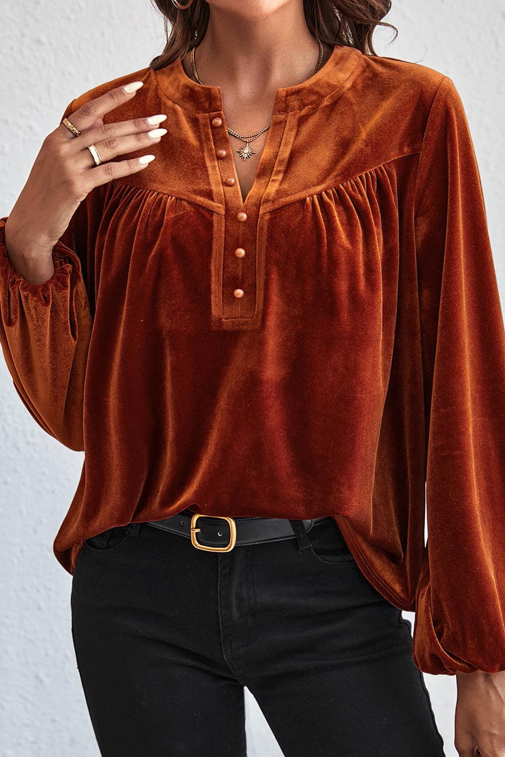 Gold Flame Lantern Sleeve Beaded Split V Neck Velvet Top - L & M Kee, LLC