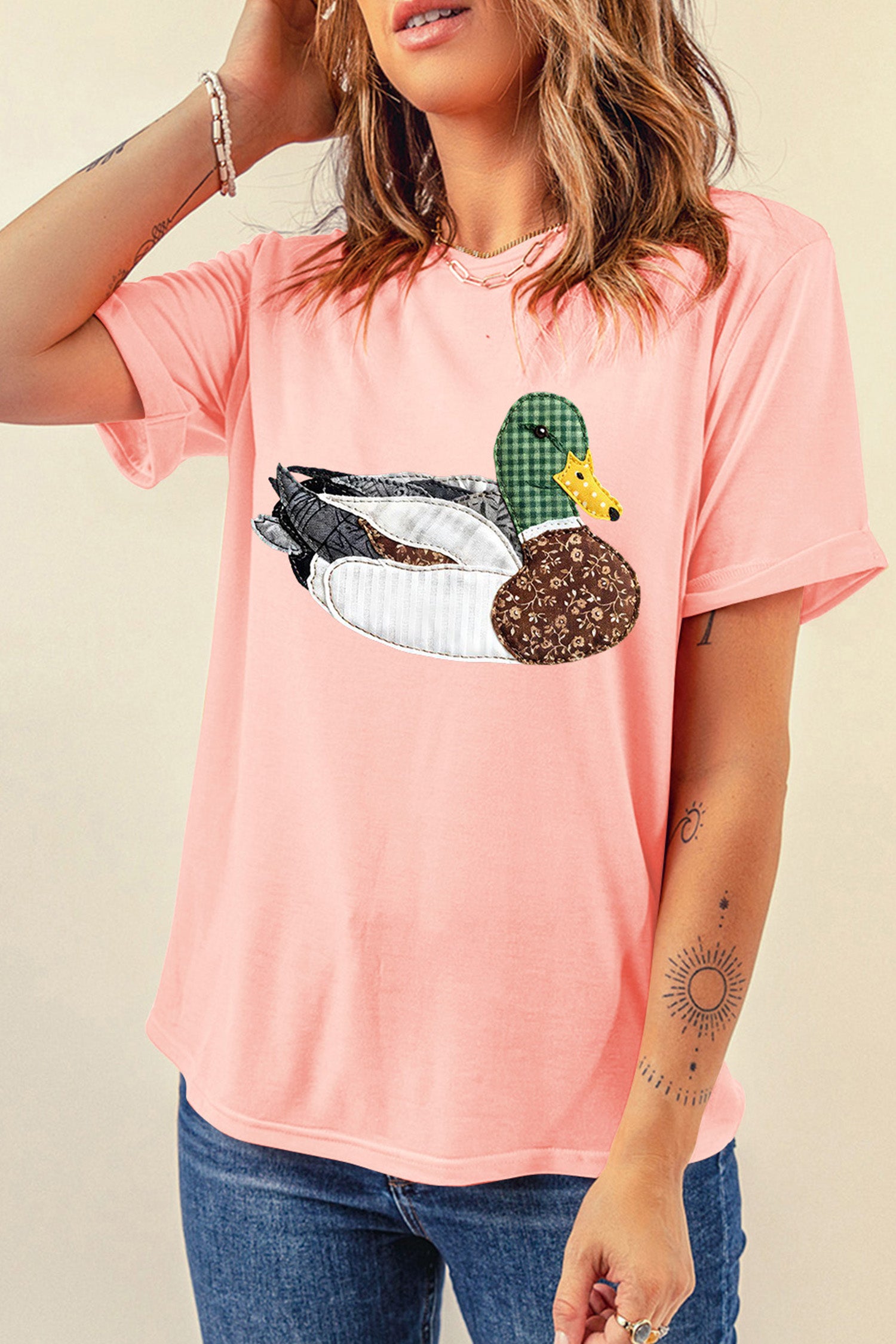 Pink Faux Quilted Mallard Casual Round Neck Tee