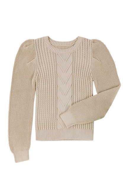 Apricot Cable Ribbed Knit Mix Pattern Puff Sleeve Sweater - L & M Kee, LLC